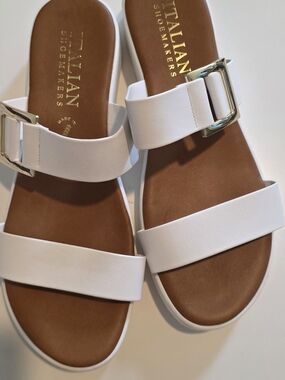Italian Shoemakers White Double-Strap Slide Sandals with Silver Buckle